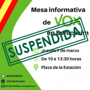 VOX suspende, por normativa electoral, la mesa informativa prevista en Benicàssim para el jueves