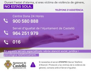 Castellón mantiene todos los servicios de atención a víctimas de violencia de género durante el estado de alarma