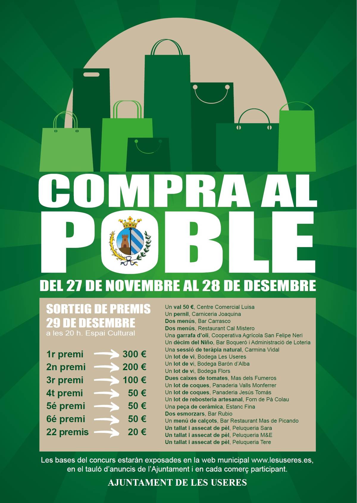 Les Useres arranca hoy su primera campaña de apoyo al comercio local con 1.200 euros en premios por compras en el municipio