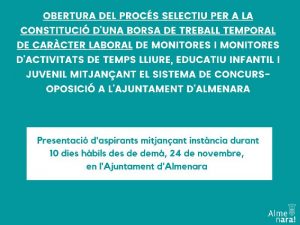 El Ayuntamiento de Almenara convoca una bolsa de trabajo temporal de monitor de tiempo libre