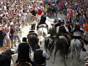 Sexta Entrada de Segorbe con un caballo embestido por el toro y la caballista al suelo