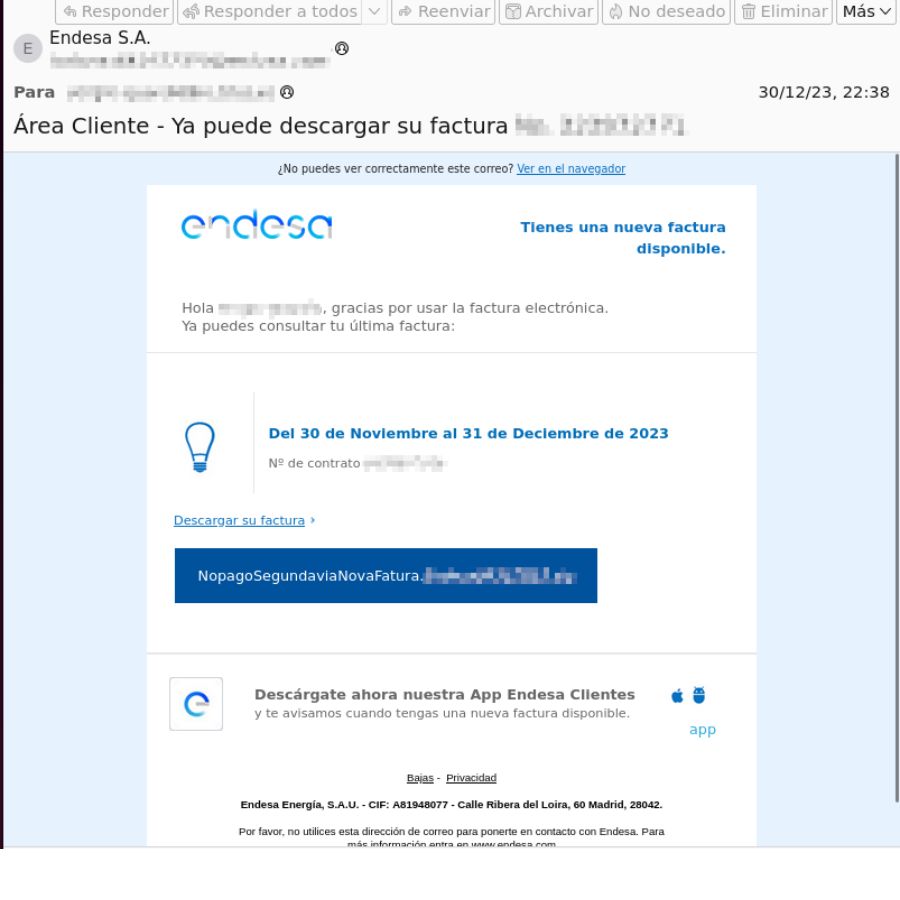 Alerta por un correo electrónico malicioso que suplanta a Endesa