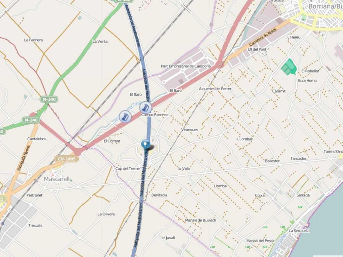 corte de la AP-7 entre les Alqueries y Nules mapa