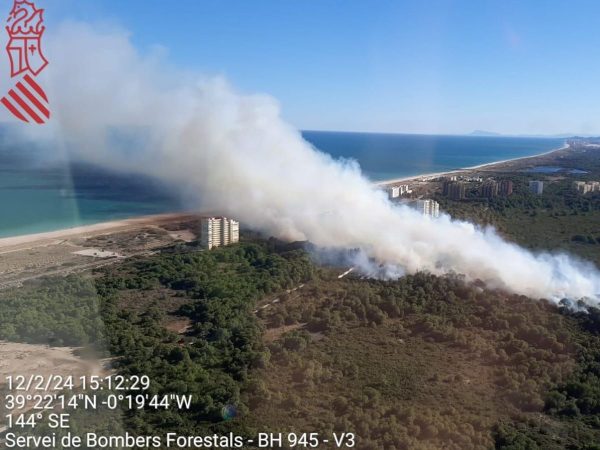 Dos edificios desalojados por un incendio forestal en El Saler