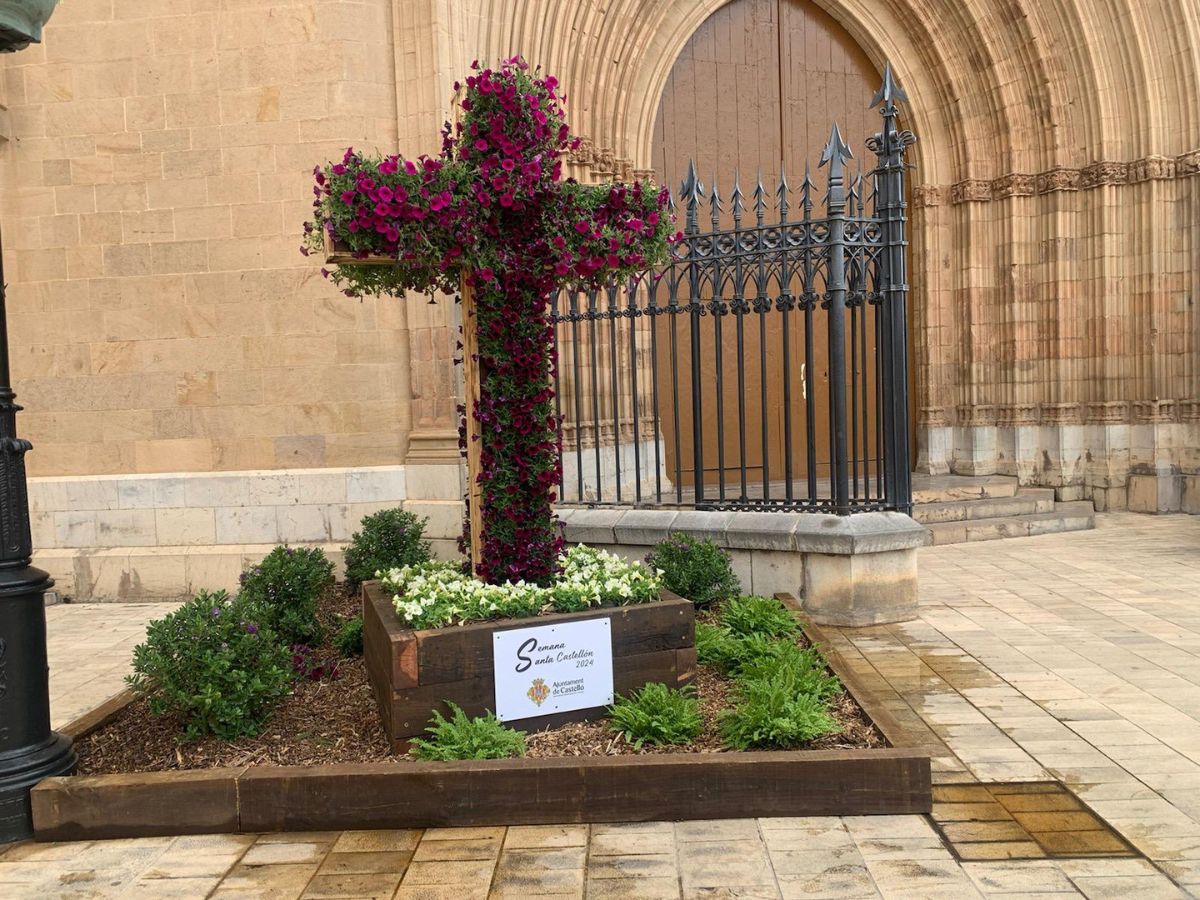 Un tapiz floral morado luce en la plaza Mayor de Castellón-Fotografía Donelio Gil