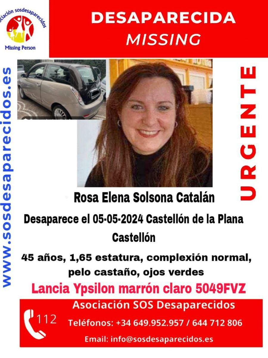 La búsqueda se centra en Rosa Elena Solsona Catalán desaparecida este domingo día 5 de mayo en Castellón.