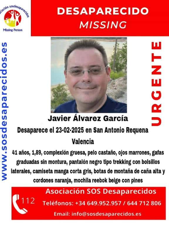 Las autoridades y SOS Desaparecidos piden colaboración ciudadana para encontrar a Javier Alvarez García. 