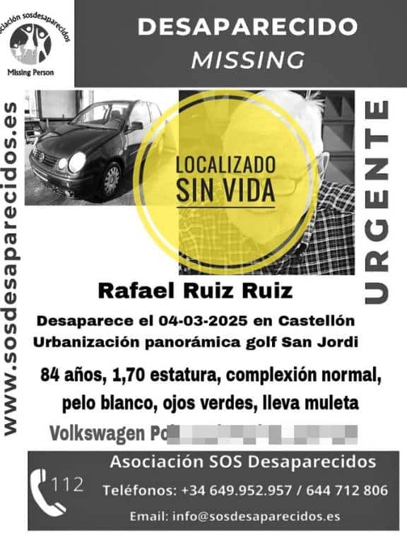 Cerca del Volkswagen Polo azul marino, la Guardia Civil encontró el cuerpo sin vida de un hombre cuya vestimenta coincidía con la del desaparecido.