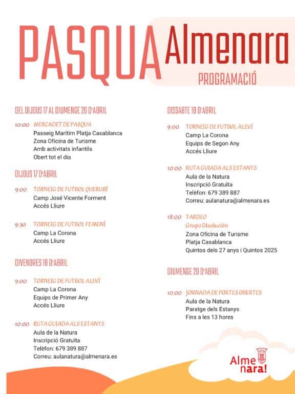 El Ayuntamiento de Almenara ha dado a conocer su programación especial de Pascua, que se desarrollará a lo largo de esta semana e incluirá propuestas para toda la familia.