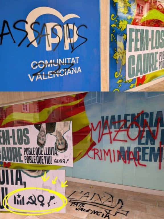 En las paredes de la sede aparecen mensajes como "Mazón criminal" y "Assasins", junto a imágenes de Carlos Mazón y Ursula von der Leyen.
