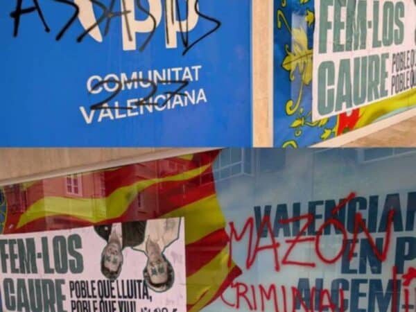 PPCV denuncia pintadas con amenazas y simbología radical en sus sedes de València PPCV denuncia pintadas con amenazas y simbología radical en sus sedes de València